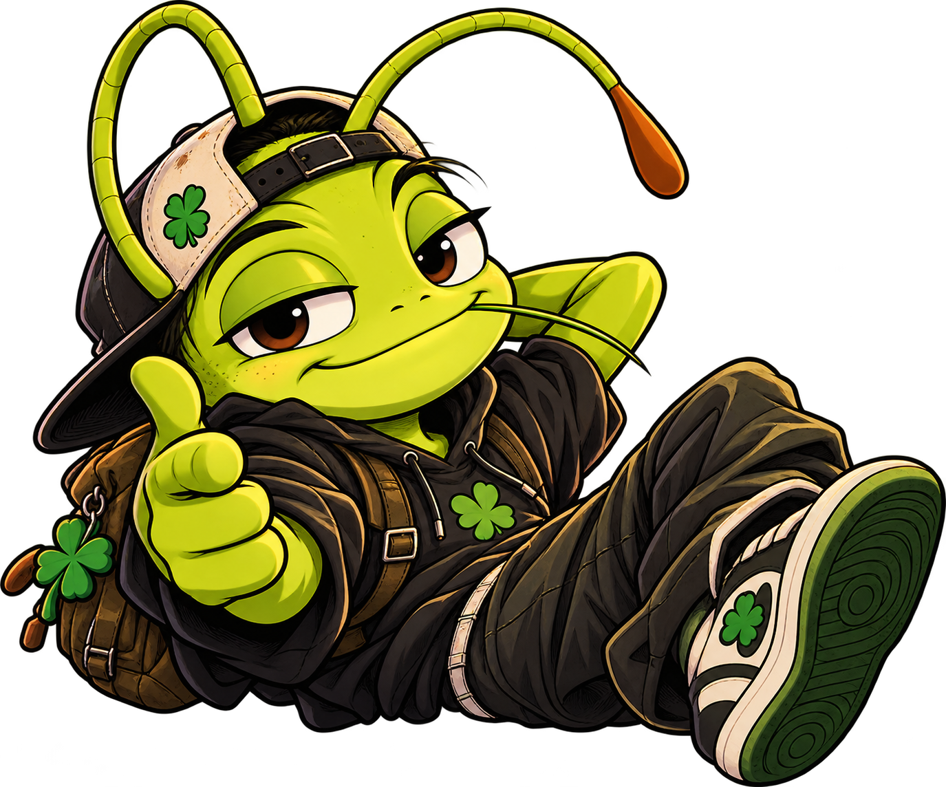 Lucky Criket relaxing in a cap and hoodie with four-leaf clovers