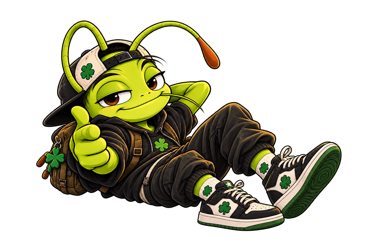 Lucky Criket relaxing in a cap, hoodie, and clover sneakers