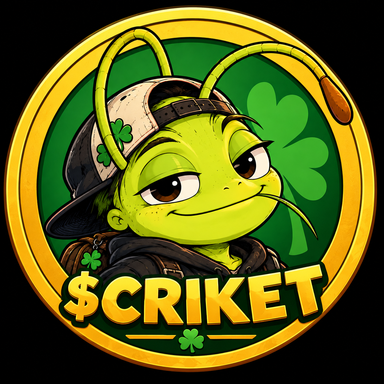 Official illustrated gold $CRIKET badge featuring Lucky Criket and a four-leaf clover